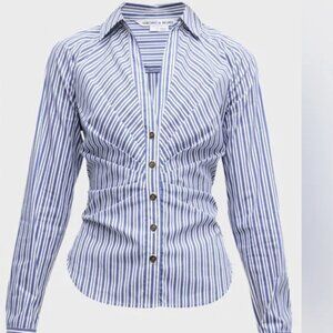 Veronica Beard Joelle Gathered Stripe Button-Front Top in Classic Blue  - NWT!